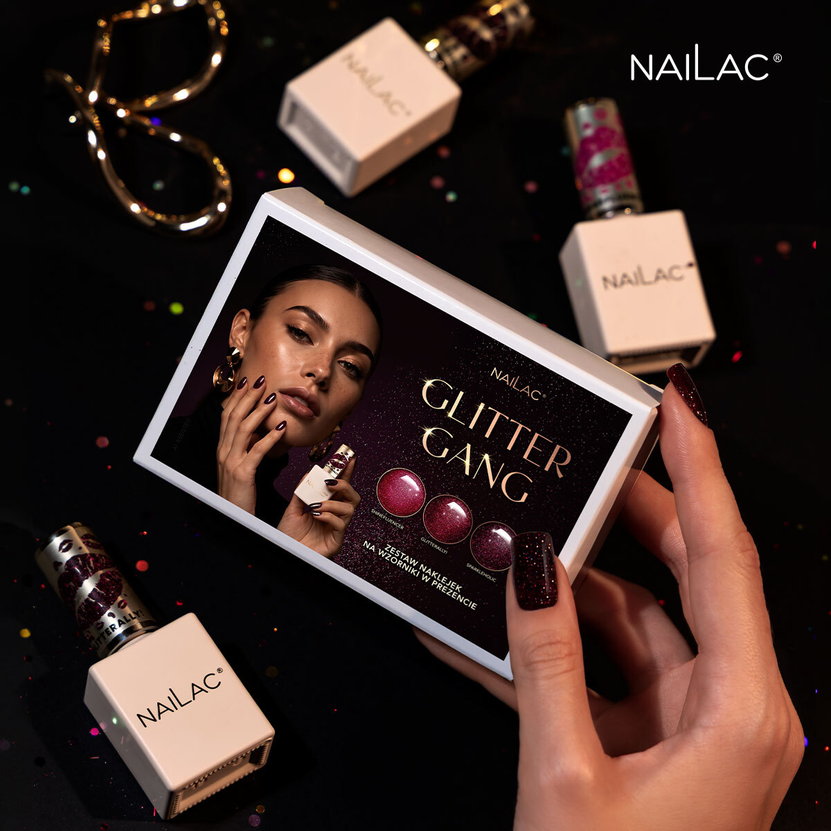 Zestaw lakier&oacute;w hybrydowych flash Glitter Gang NaiLac z naklejkami na wzorniki w prezencie